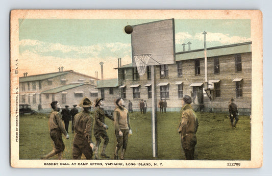 Camp Upton soldiers playing basketball at Yaphank Long Island New York during World War One era 1910s training camp scene