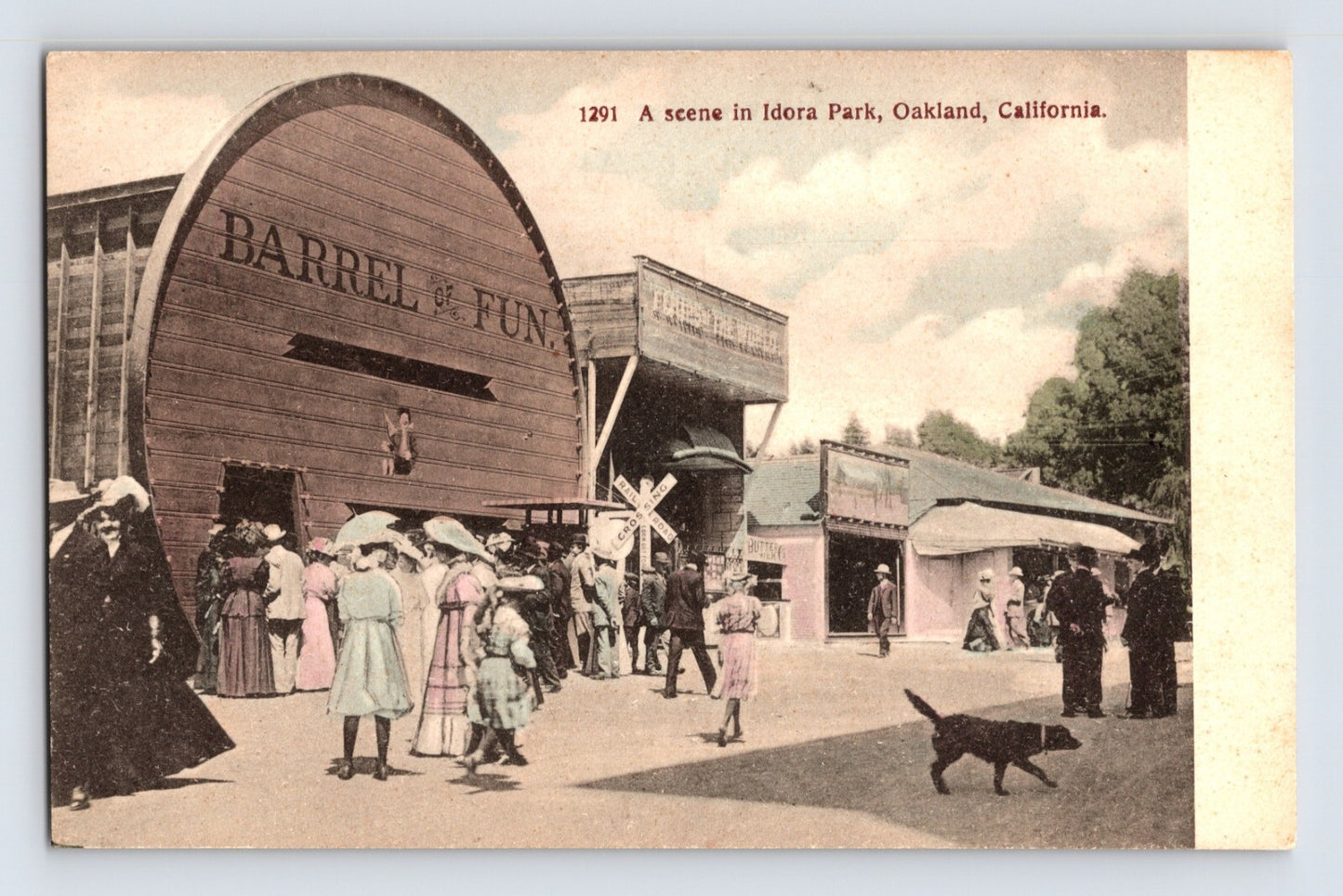 Idora Park Barrel of Fun Oakland California 1910s divided back postcard with amusement park crowd and western facade