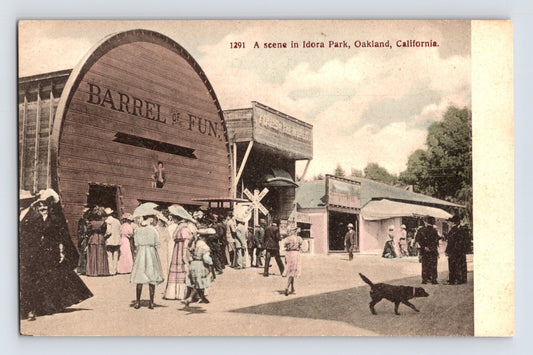 Idora Park Barrel of Fun Oakland California 1910s divided back postcard with amusement park crowd and western facade