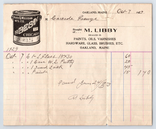 Oakland Maine M Libby hardware billhead 1929 paint oils varnishes invoice handwritten entries