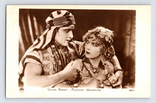 Rudolph Valentino Vilma Banky costume scene silent film 1930s RPPC postcard