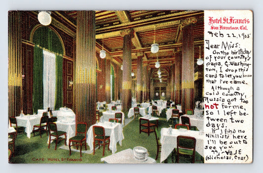 San Francisco California St Francis Hotel dining room cafe interior 1905 tables columns vintage postcard