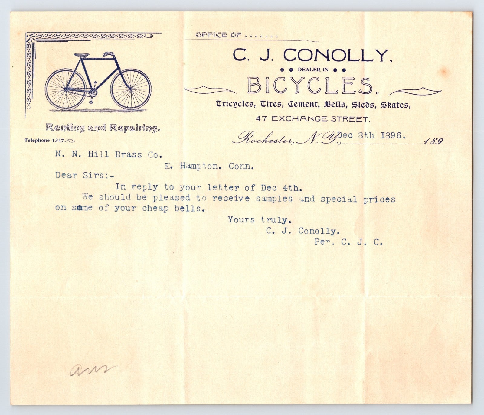 C J Conolly Bicycles letterhead with illustrated bicycle and typed business letter dated December 8, 1896, Rochester, New York.
