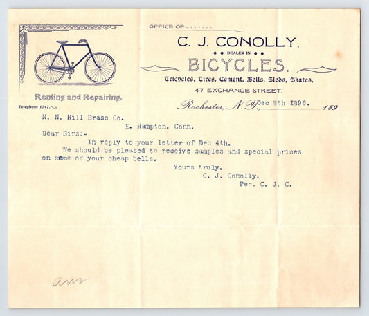 C J Conolly Bicycles letterhead with illustrated bicycle and typed business letter dated December 8, 1896, Rochester, New York.