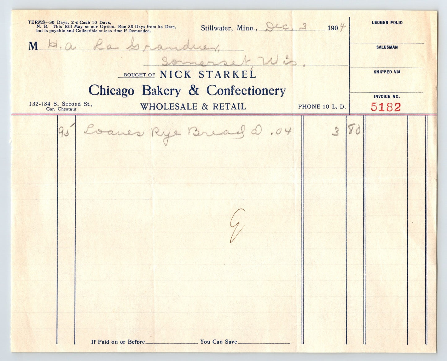 Stillwater Minnesota 1904 Nick Starkel Chicago Bakery Billhead 8 x 7
