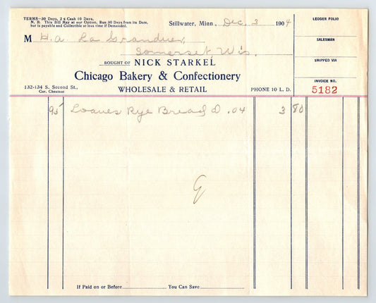Stillwater Minnesota 1904 Nick Starkel Chicago Bakery Billhead 8 x 7