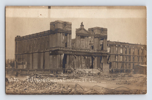 San Francisco California earthquake ruins of City Hall and St Ignatius Church facade, real photo postcard, 1910s