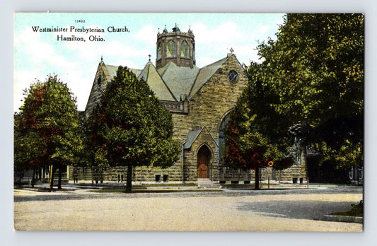 Hamilton Ohio Westminster Presbyterian Church stone building postcard 1910s