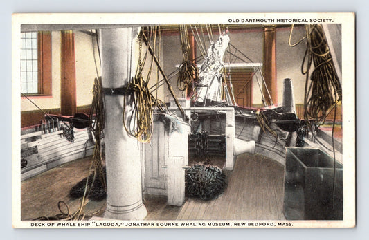 Interior deck view of whale ship Lagoda with rigging, ropes, capstan and coiled chains at Jonathan Bourne Whaling Museum New Bedford Massachusetts