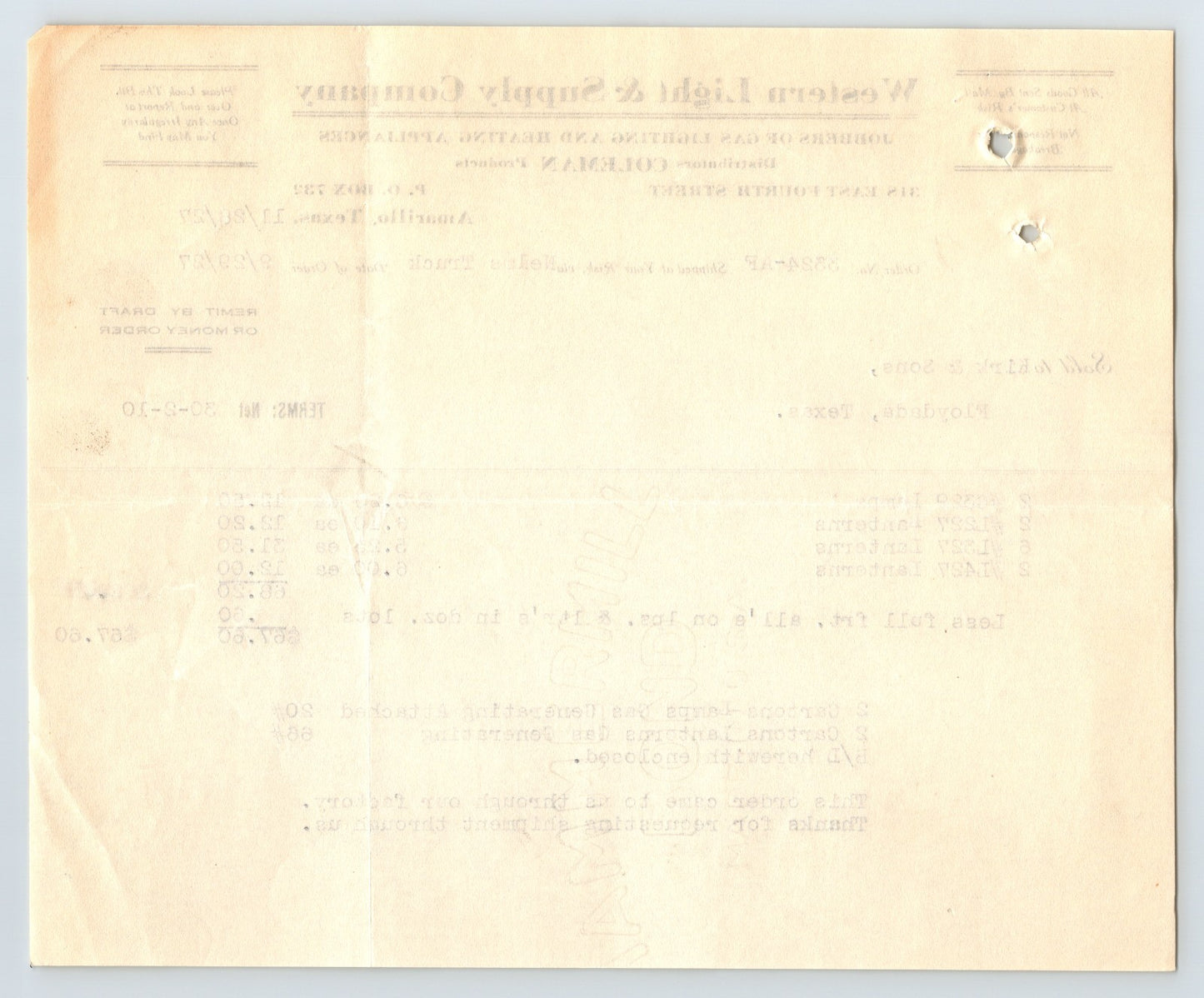 Amarillo Texas 1927 Western Light Supply Company Coleman Lantern Billhead 8 x 7