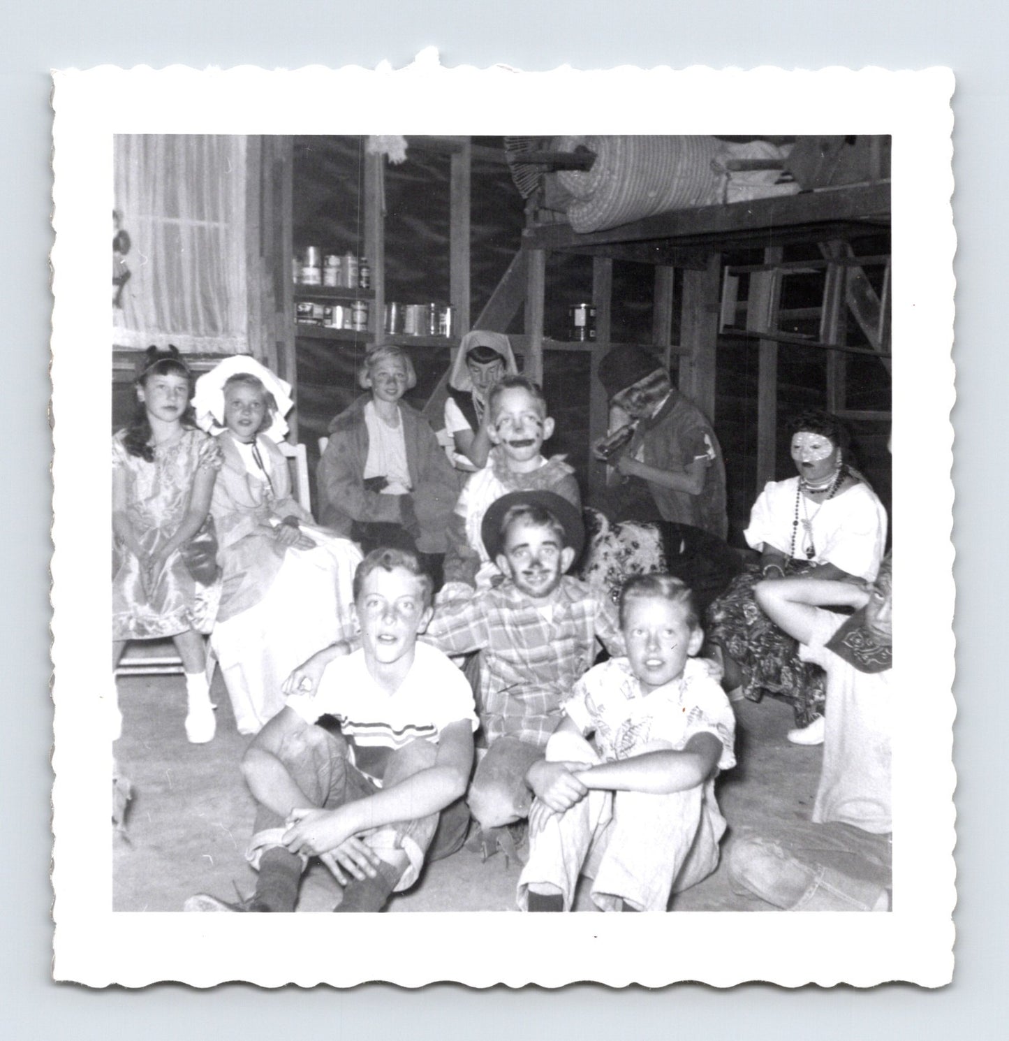 Halloween 1950s children costumes group party masks face paint indoor snapshot vintage photo