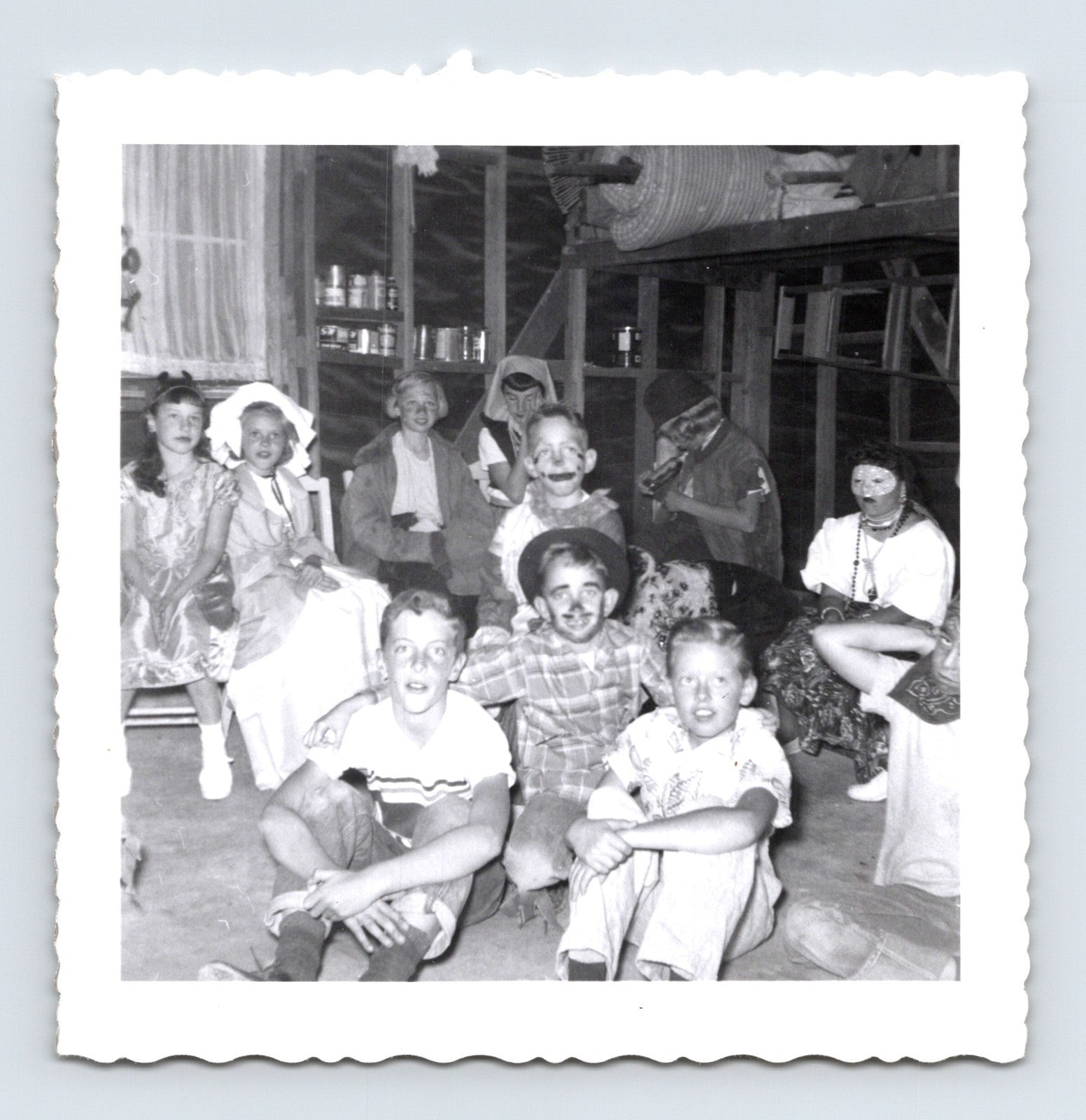 Halloween 1950s children costumes group party masks face paint indoor snapshot vintage photo