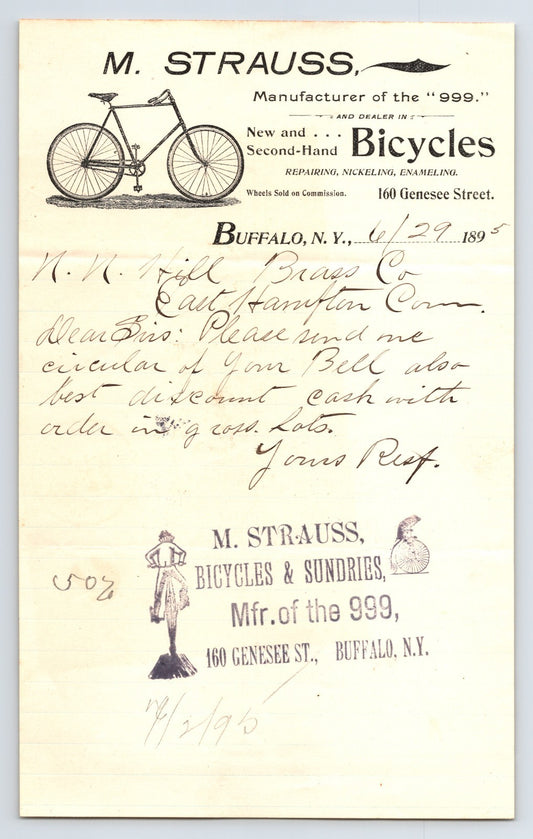 M. Strauss Buffalo New York 1895 Bicycle Letterhead 8 x 5.5 front and back views showing bicycle illustration and handwritten correspondence