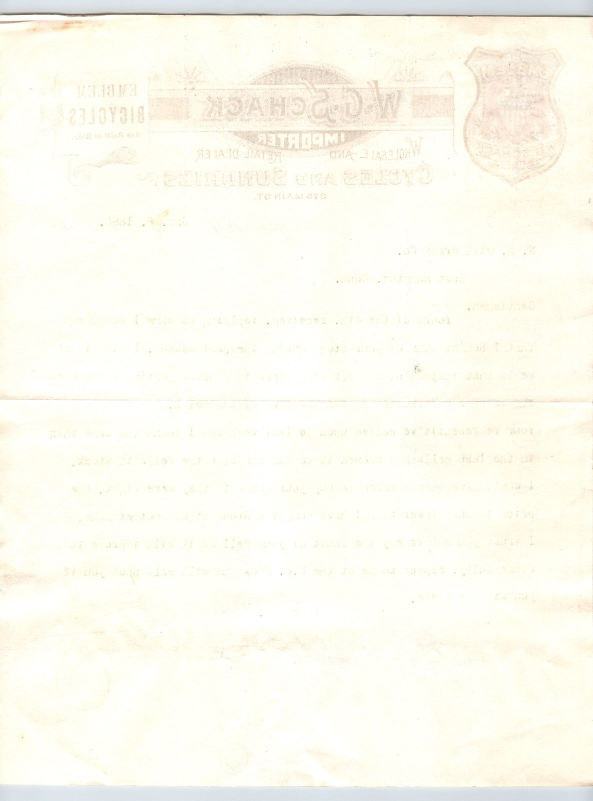 W G Schack Emblem Cycles Buffalo New York 1896 Bicycle Letterhead 8.5 x 11