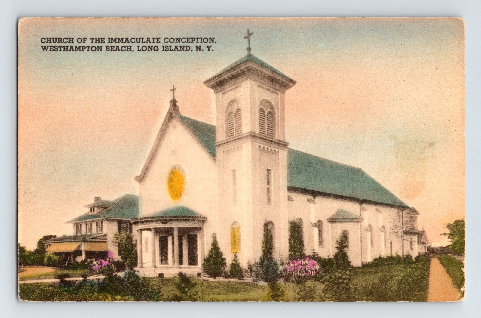 1930s hand-colored postcard view of Church of the Immaculate Conception Westhampton Beach Long Island New York with white clapboard façade and bell tower