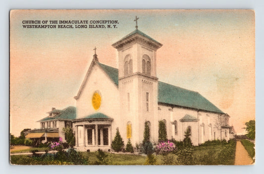 1930s hand-colored postcard view of Church of the Immaculate Conception Westhampton Beach Long Island New York with white clapboard façade and bell tower