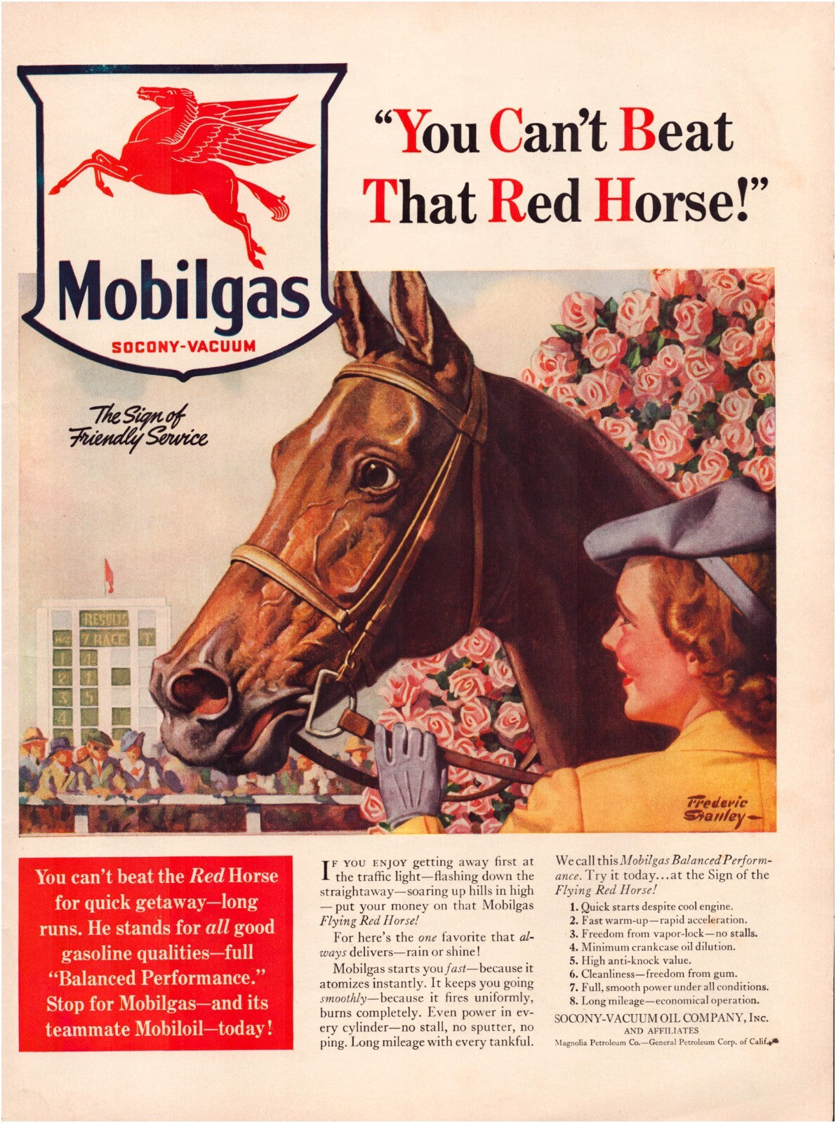 Mobilgas 1940 Red Horse Gasoline Print Ad Racing Roses Full Page - 10.5 x 13.5