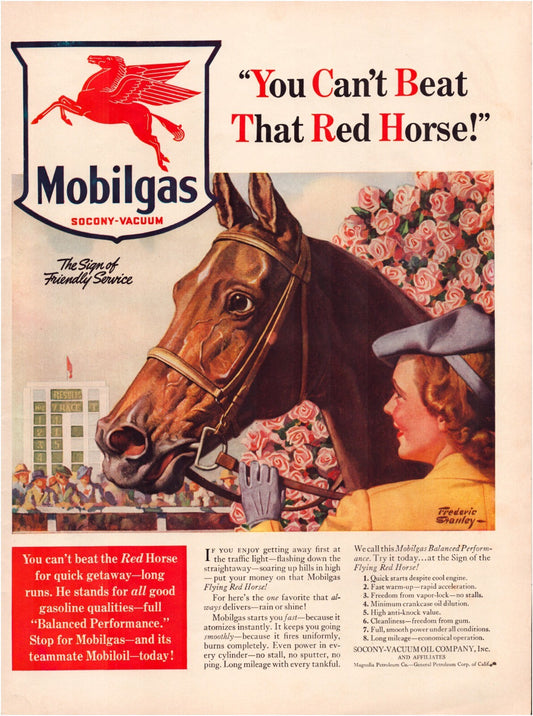 Mobilgas 1940 Red Horse Gasoline Print Ad Racing Roses Full Page - 10.5 x 13.5