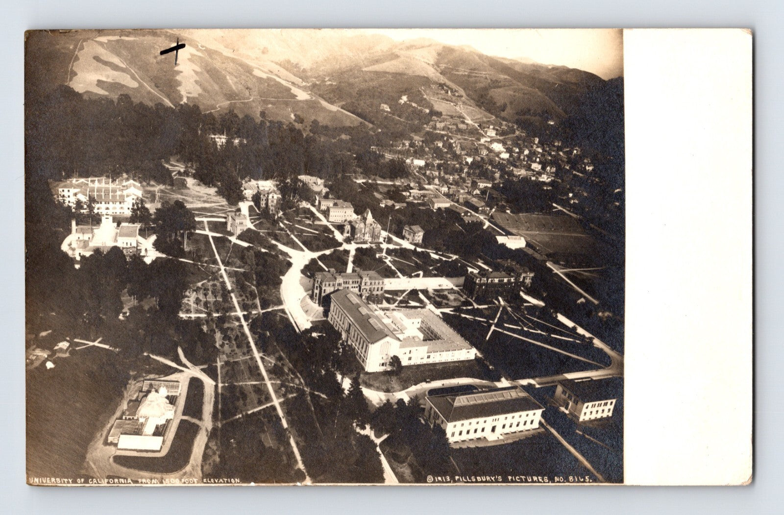 University of California Berkeley aerial campus view 1913 real photo postcard with hillside and academic buildings