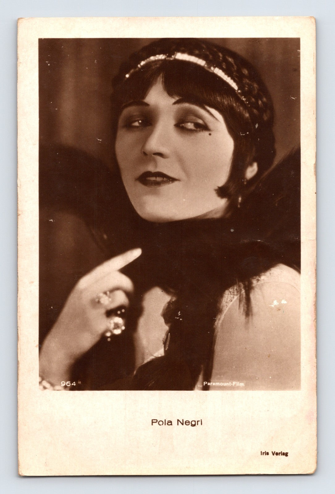 Pola Negri portrait postcard 1930s actress feather wrap headband Paramount studio image