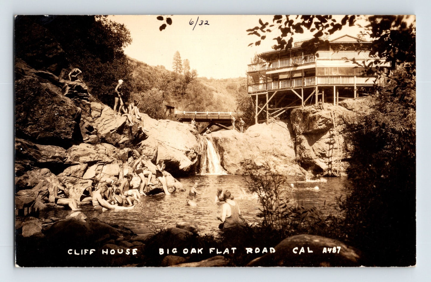 Real photo postcard of Cliff House swimmers at Big Oak Flat Road near Groveland California 1930s