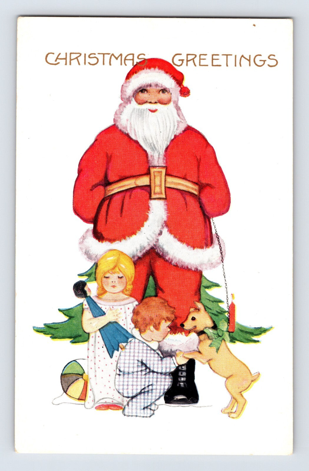 Christmas postcard Santa Claus children puppy dog toy doll Whitney Made 1920s