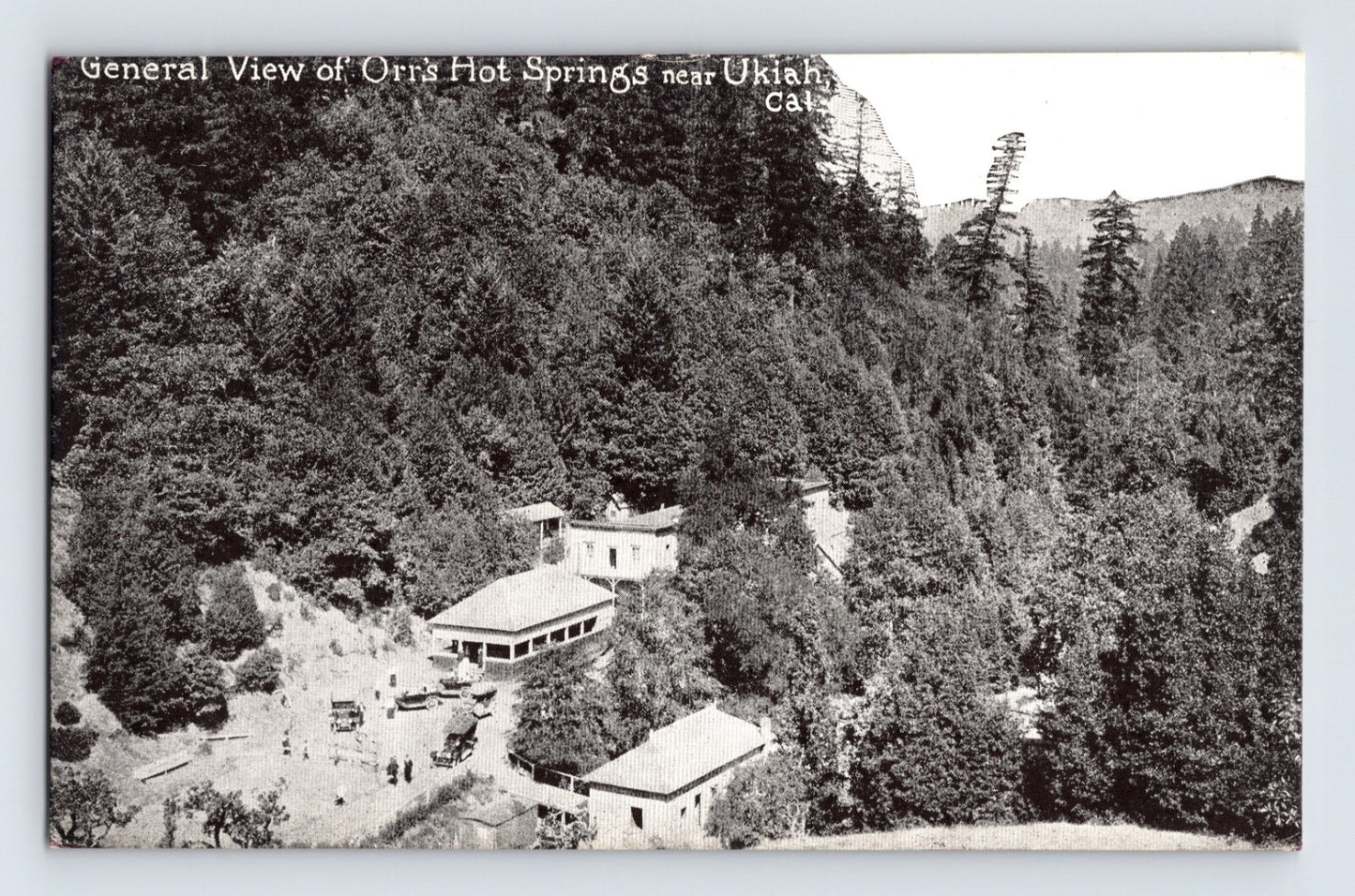 Ukiah California Orrs Hot Springs aerial view 1910s postcard showing hillside resort buildings surrounded by dense forest