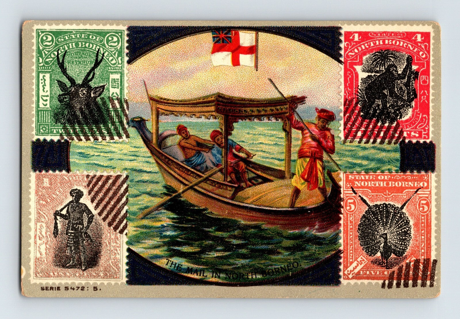 North Borneo Mail postage stamps trade card boat scene 1910s 4 x 2.75