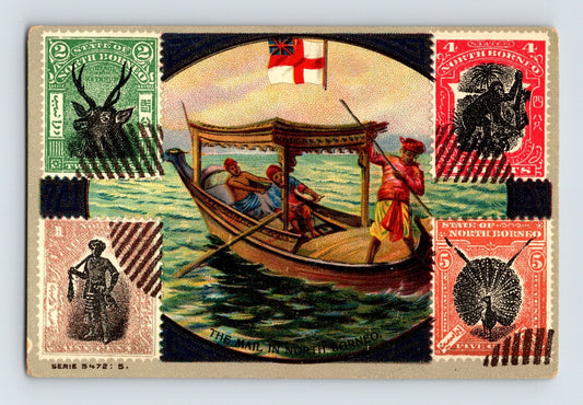 North Borneo Mail postage stamps trade card boat scene 1910s 4 x 2.75