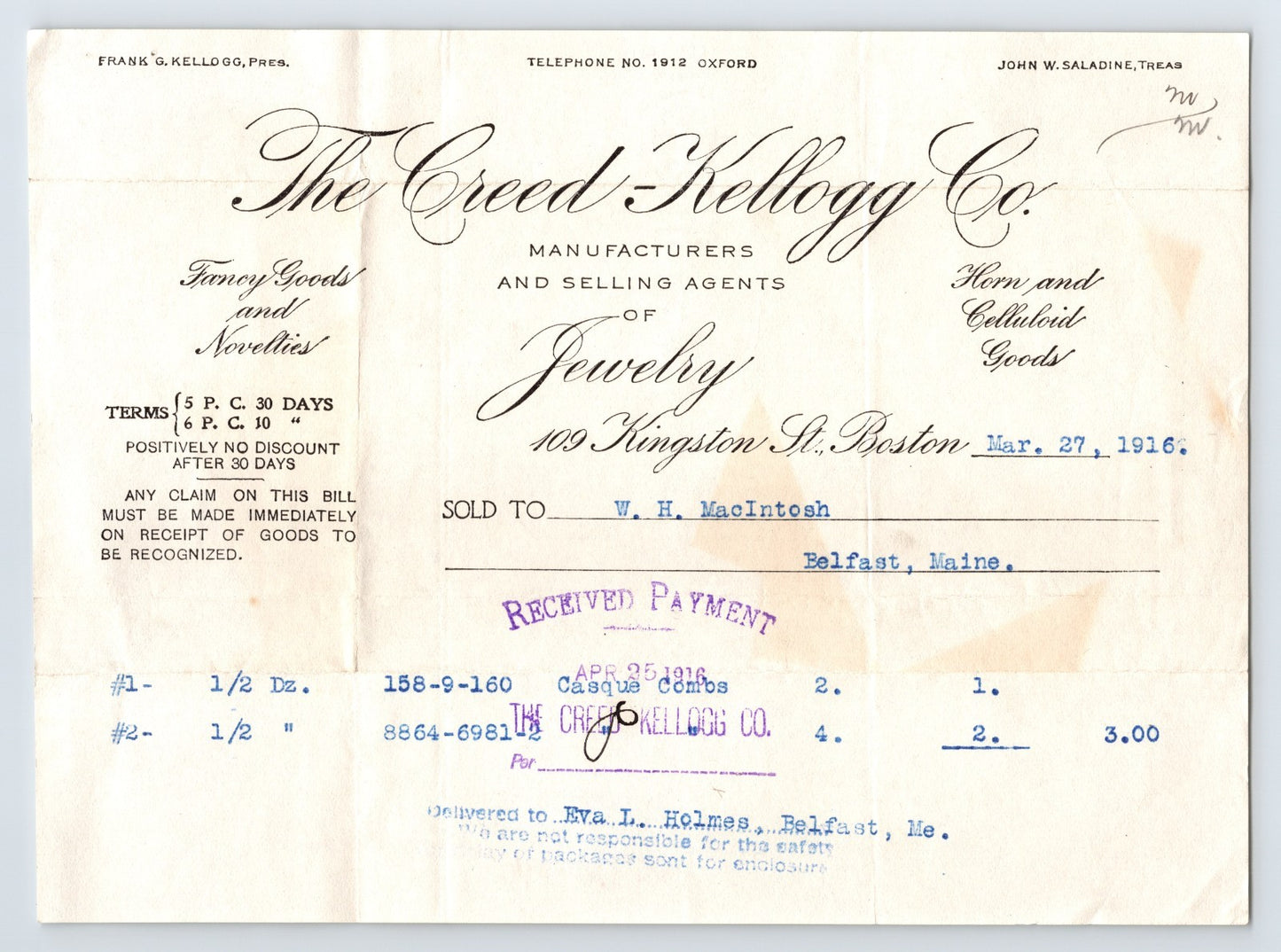 Boston Massachusetts Creed Kellogg jewelry billhead 1916 business invoice document