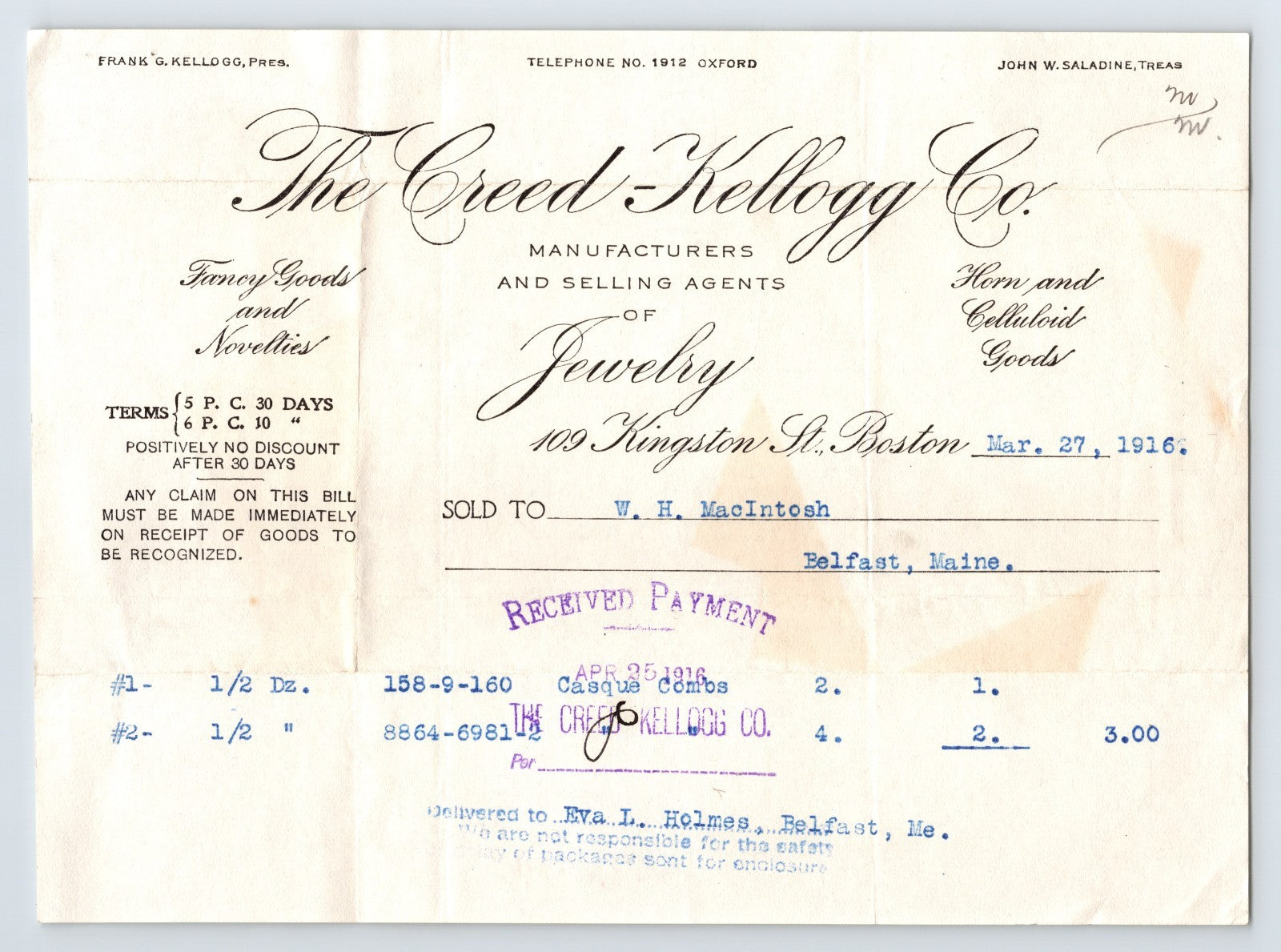 Boston Massachusetts Creed Kellogg jewelry billhead 1916 business invoice document