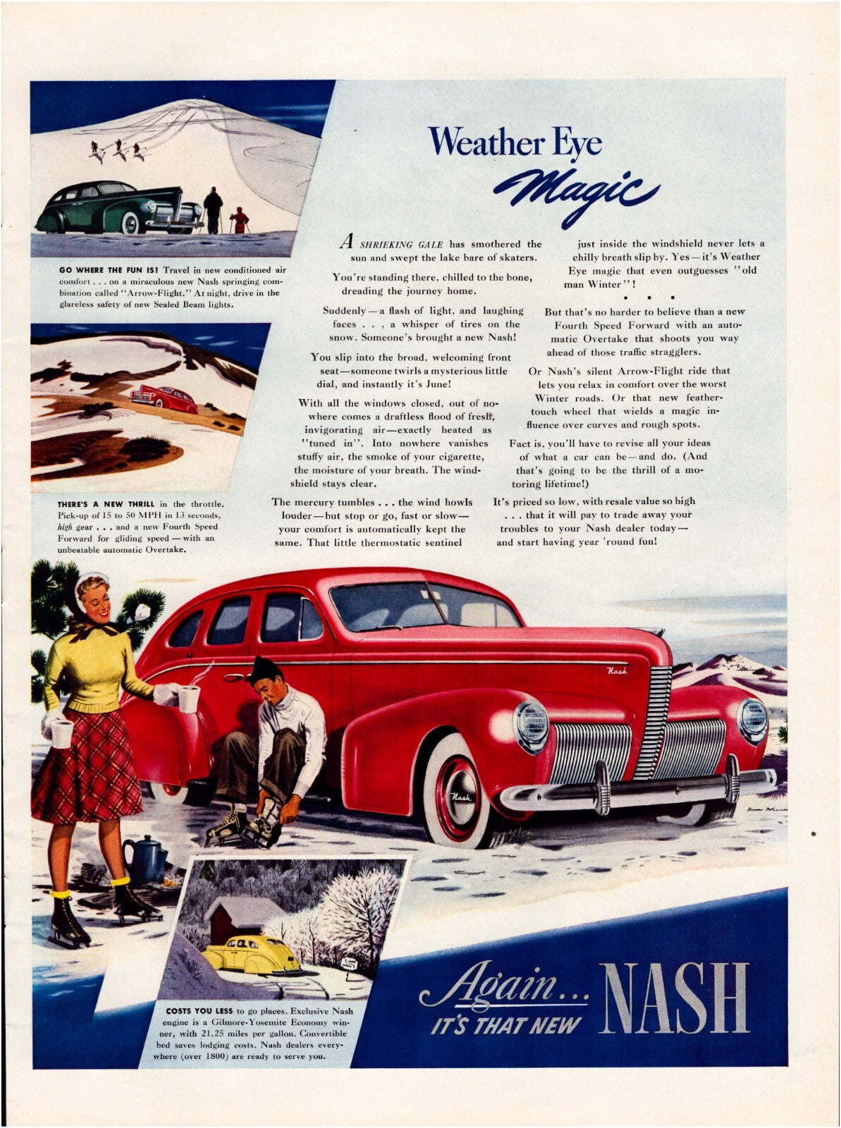 1939 Nash automobile print ad featuring red car in snowy winter scene with ice skating couple and Weather Eye Magic slogan full page magazine ad