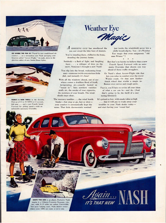 1939 Nash automobile print ad featuring red car in snowy winter scene with ice skating couple and Weather Eye Magic slogan full page magazine ad