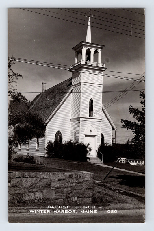 Winter Harbor Maine Baptist Church white steeple building RPPC postcard 1950s Devolite paper