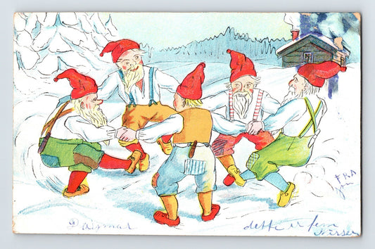 Danish Christmas postcard dancing elves in snowy winter scene 1910s