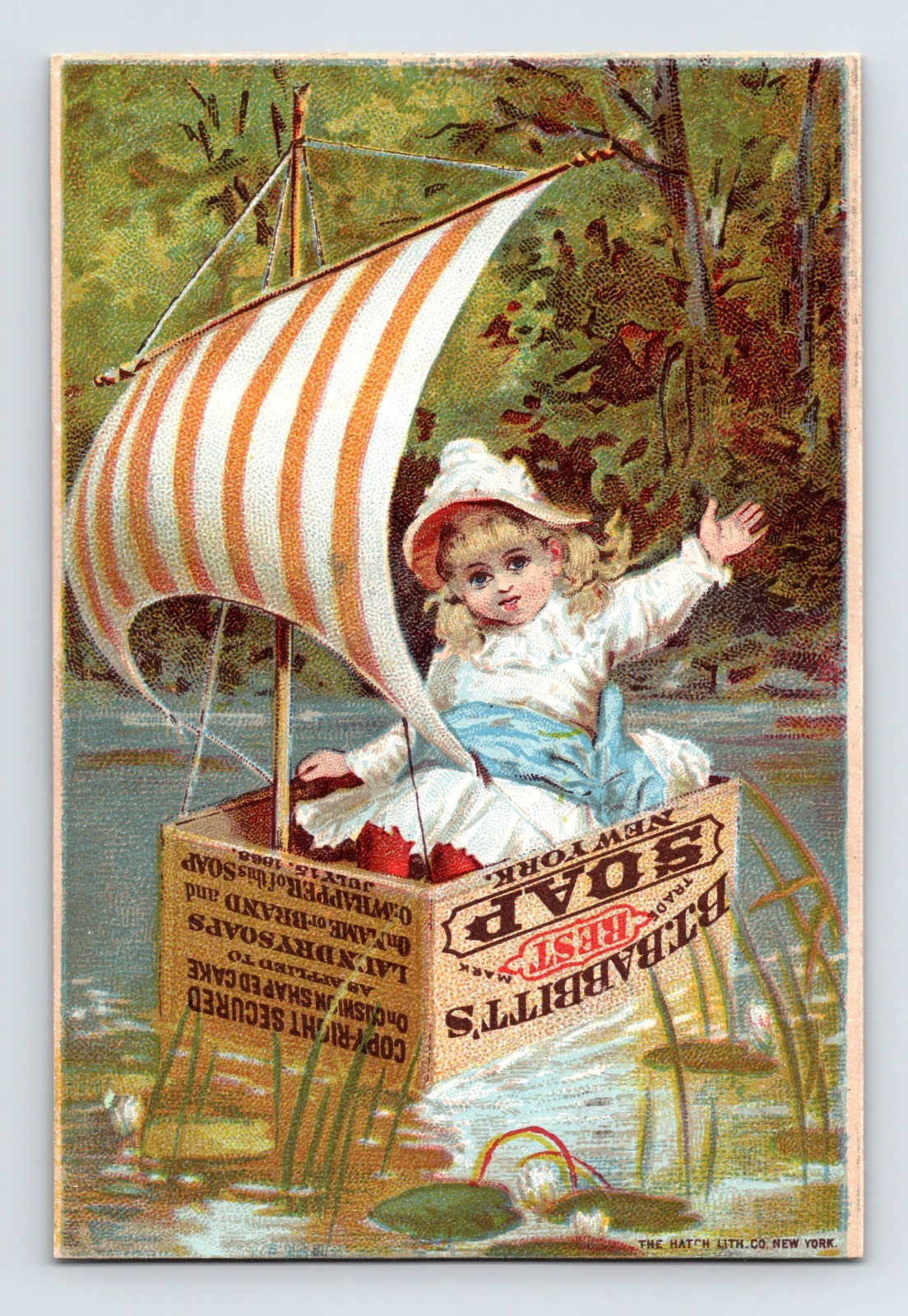Babbitt’s Best Soap Box Boat Little Girl Pond 1890s Trade Card 3.25 x 4.75