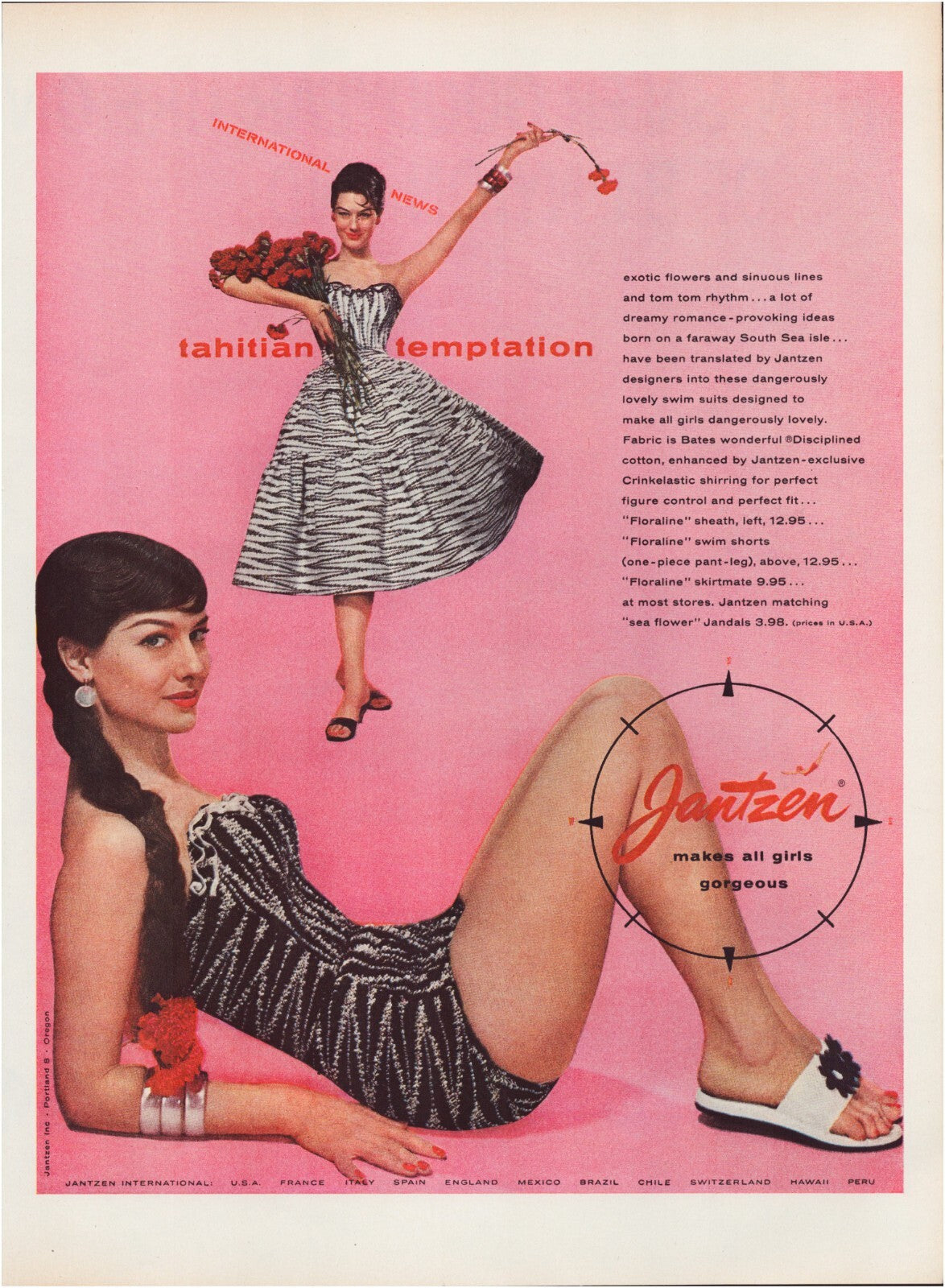 Jantzen swimsuit dress 1956 Tahitian Temptation fashion print advertisement magazine page