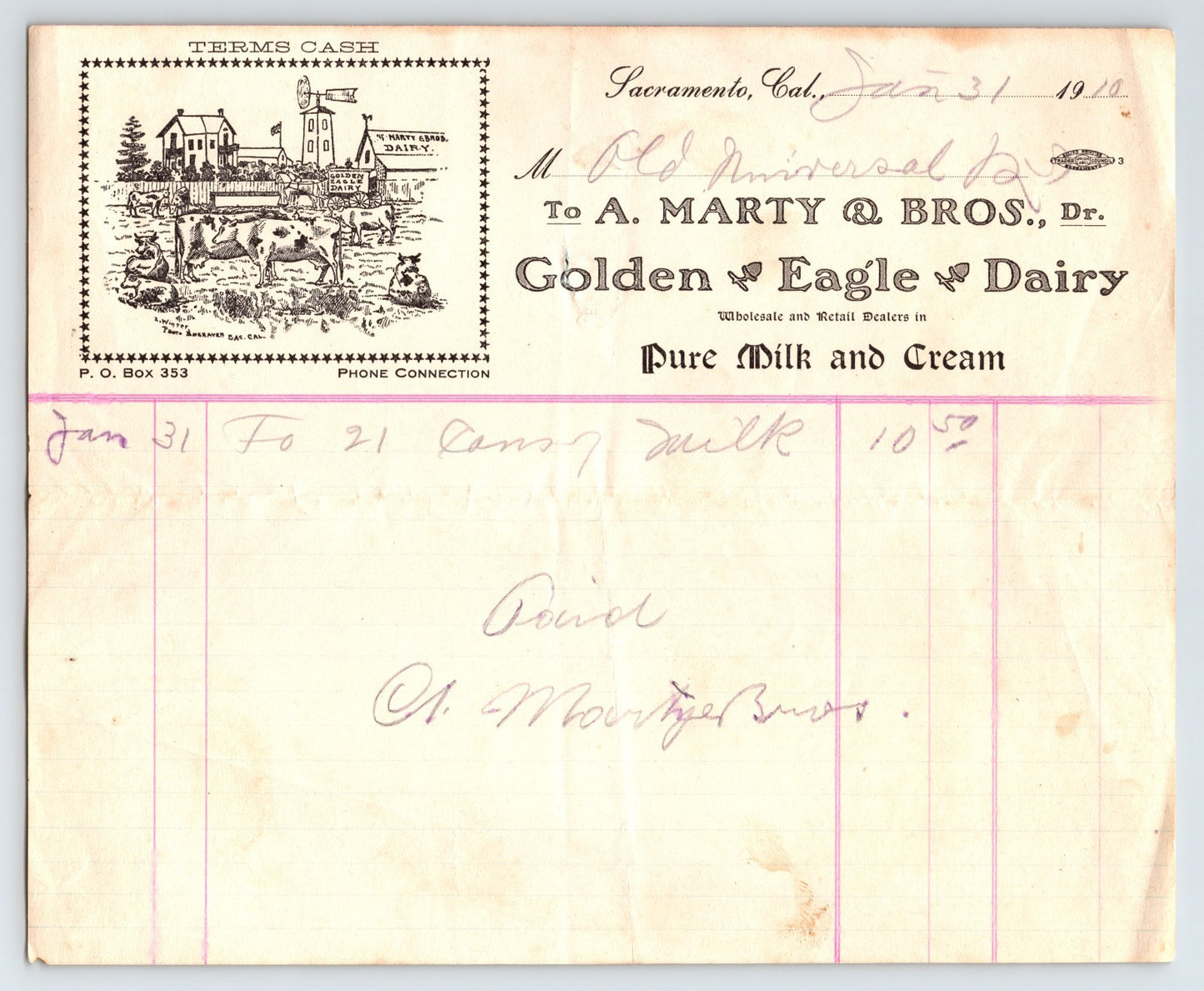 Golden Eagle Dairy Sacramento California 1910 illustrated billhead with farm vignette and milk ledger entries