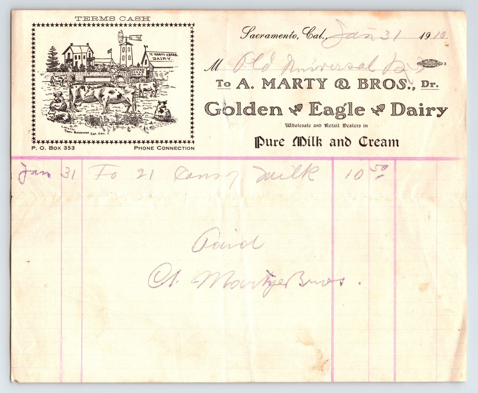 Golden Eagle Dairy Sacramento California 1910 illustrated billhead with farm vignette and milk ledger entries
