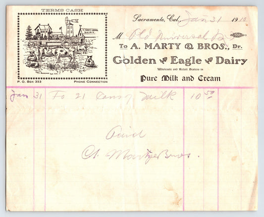 Golden Eagle Dairy Sacramento California 1910 illustrated billhead with farm vignette and milk ledger entries