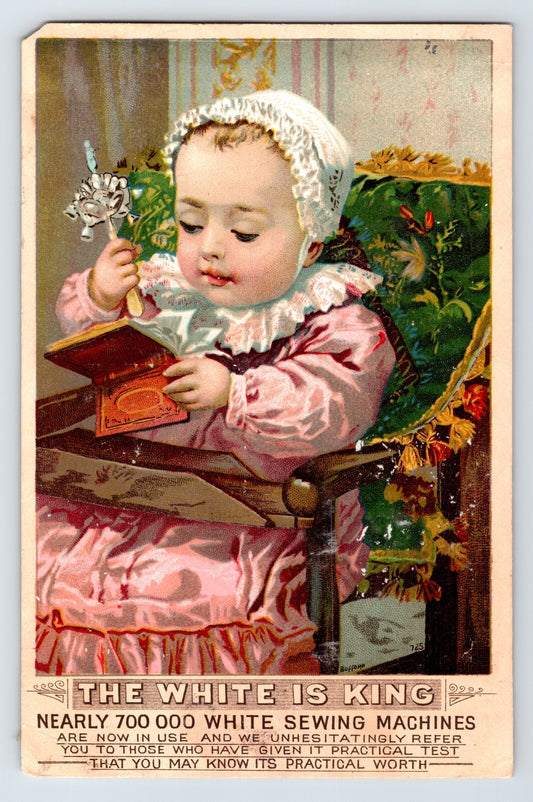 White Sewing Machine Victorian trade card baby child pink dress toy rattler illustration