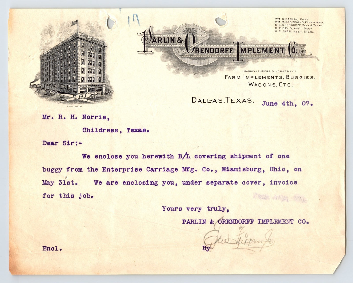 Dallas Texas 1907 Parlin Orendorff Implement Co Farm Implements Buggy Letter