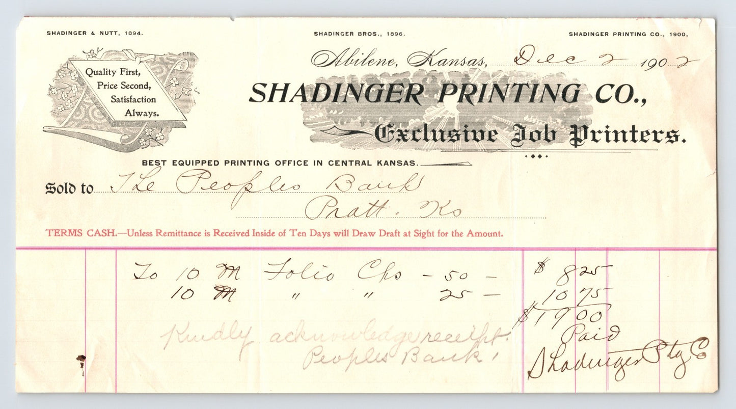 Abilene Kansas Shadinger Printing Company job printers 1902 billhead invoice