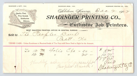 Abilene Kansas Shadinger Printing Company job printers 1902 billhead invoice