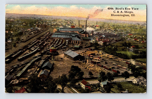 Bloomington Illinois Chicago and Alton C and A Railroad Shops aerial view 1910s postcard