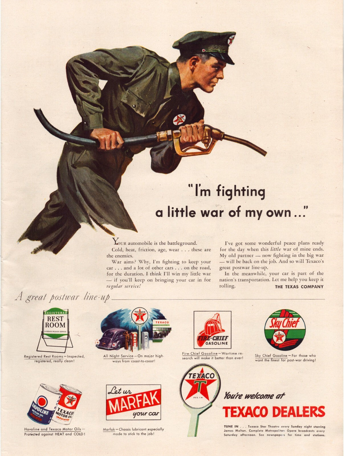 Texaco 1945 WWII gas station advertising soldier fuel nozzle Sky Chief Marfak print ad