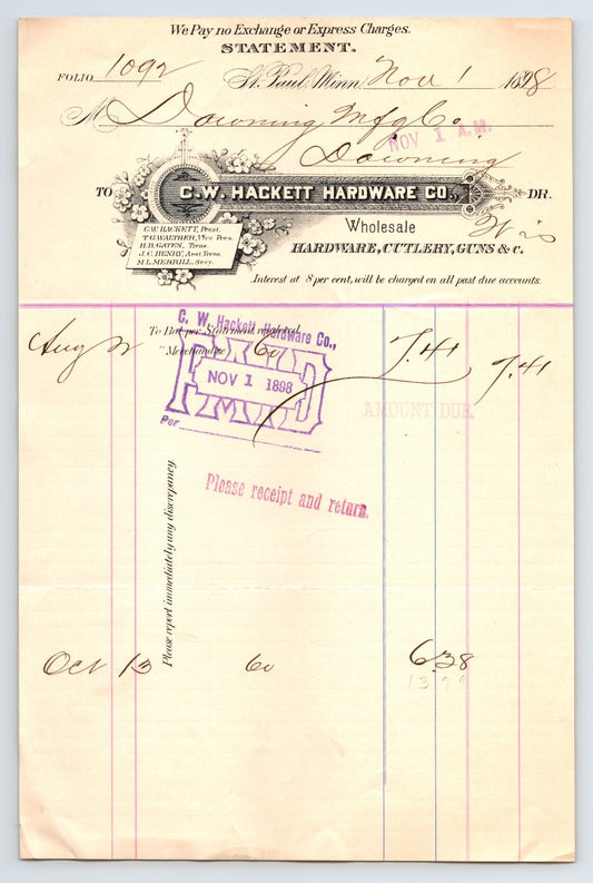 St Paul Minnesota 1898 C W Hackett Hardware Company statement billhead cutlery guns wholesale document 8.5 x 5.5