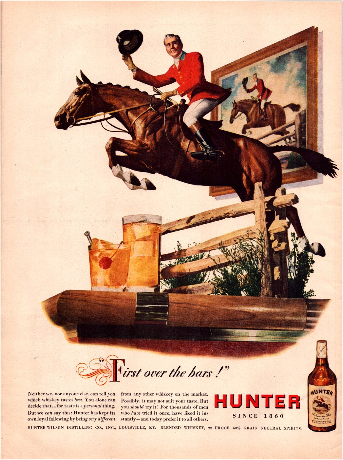 Hunter Whiskey 1947 steeplechase horse jumping scene print ad full page vintage whiskey advertising