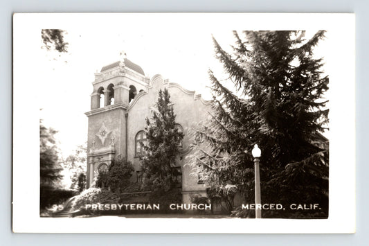 Merced California Presbyterian Church Spanish Revival facade bell tower 1940s photo postcard