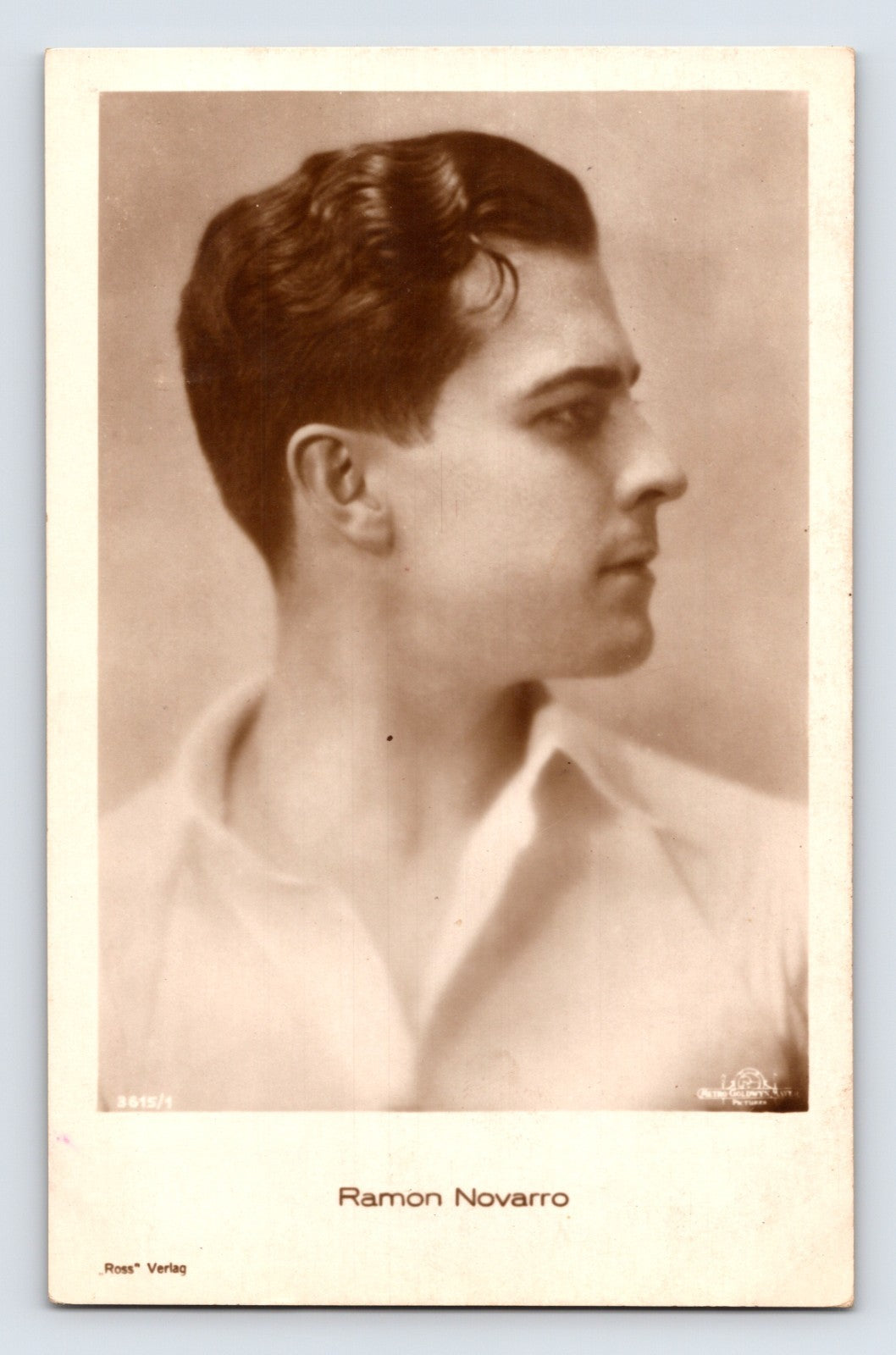 Ramon Novarro 1920s MGM portrait postcard showing side profile studio photograph with soft focus lighting